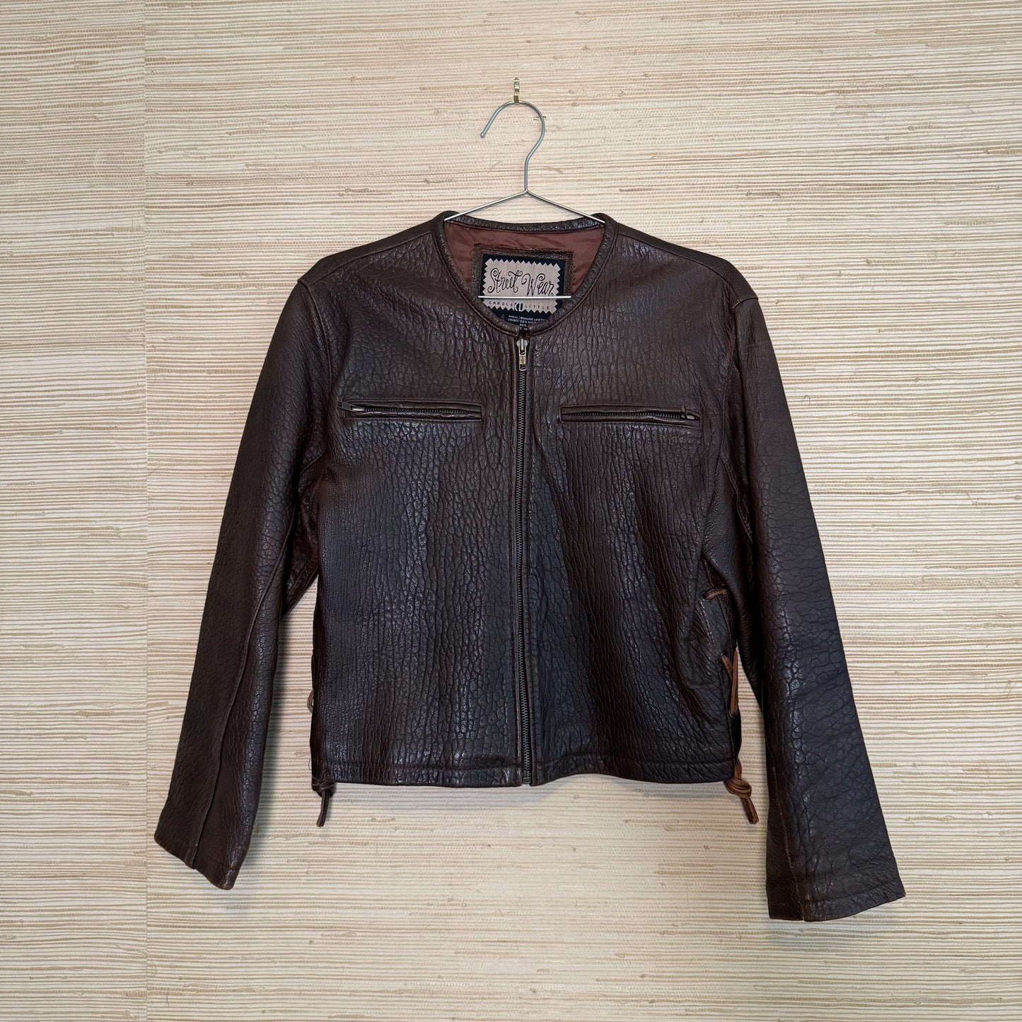 Vintage Brown Pebbled Leather Jacket with side tie