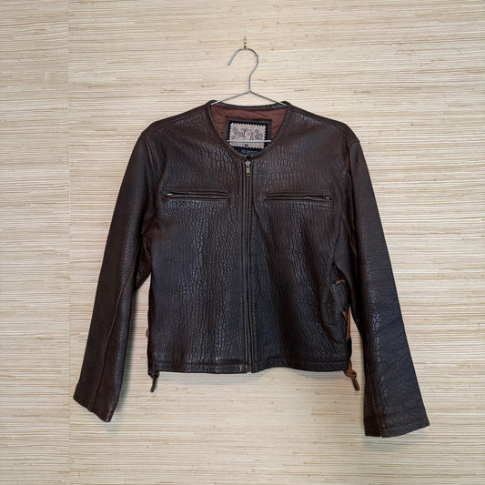Vintage Brown Pebbled Leather Jacket with side tie