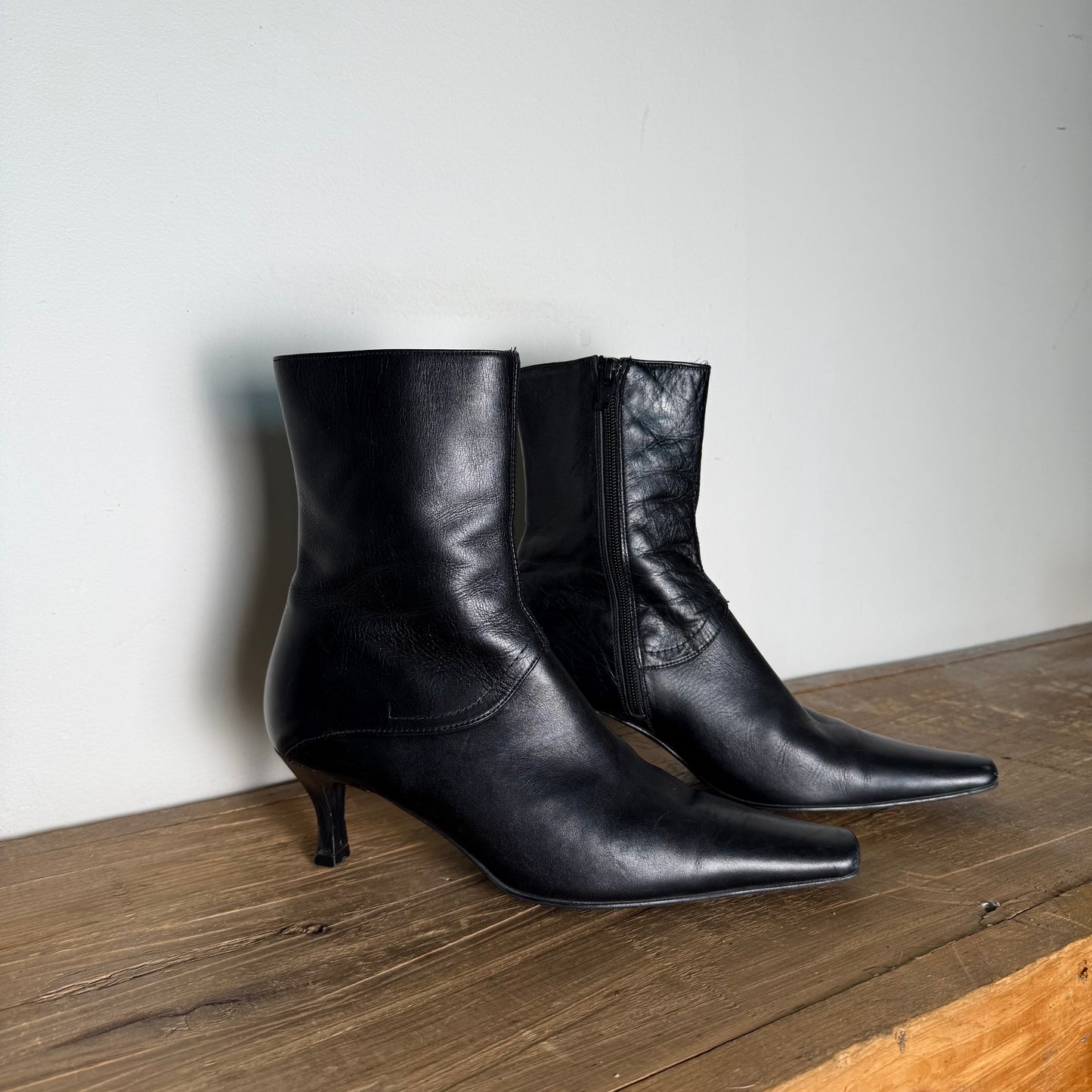 Black Leather Square Toe Kitten Heel Boot
