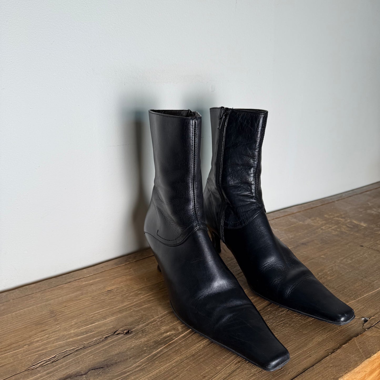 Black Leather Square Toe Kitten Heel Boot