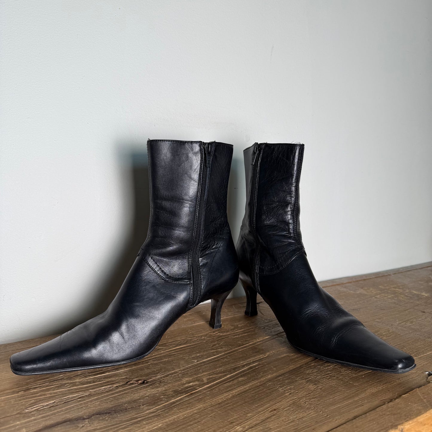 Black Leather Square Toe Kitten Heel Boot