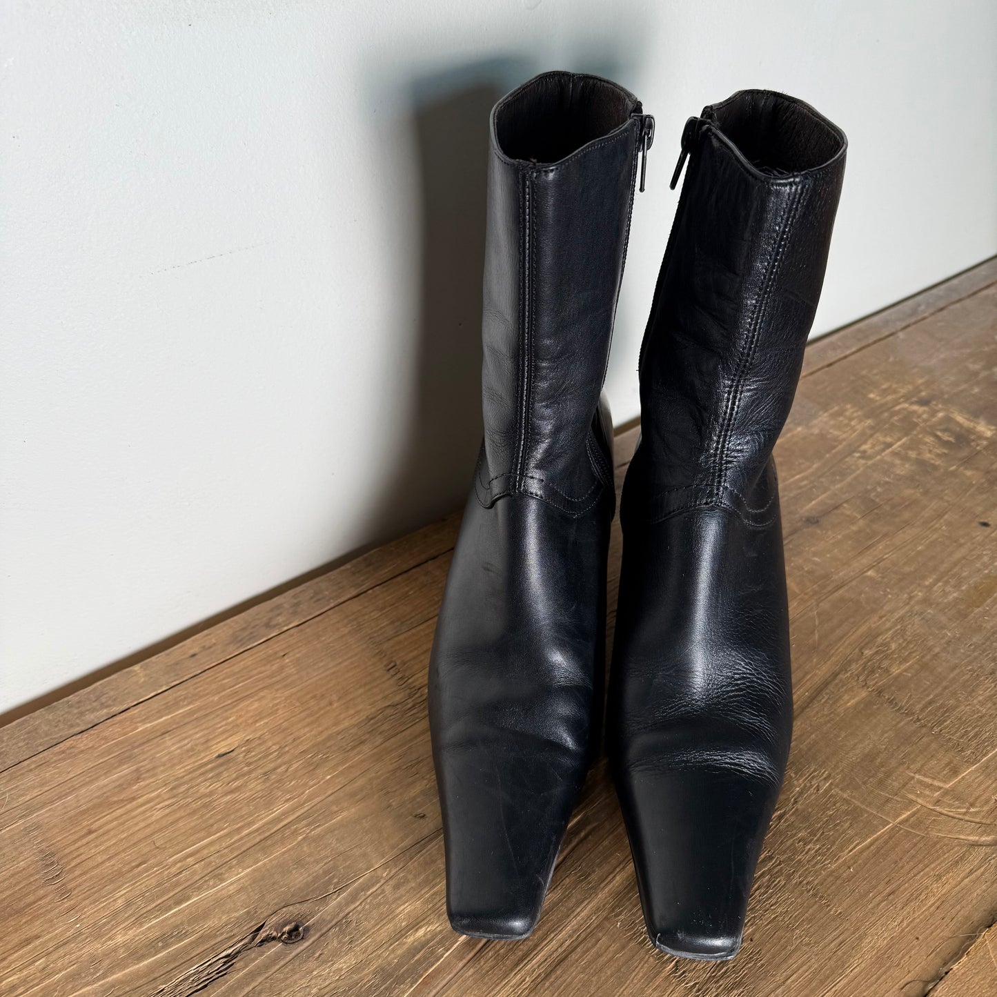 Black Leather Square Toe Kitten Heel Boot