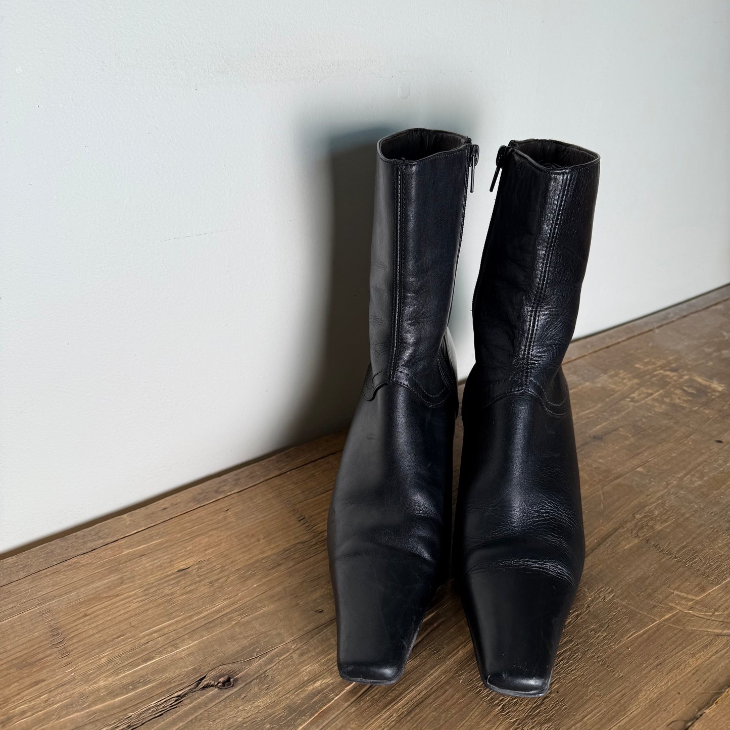 Black Leather Square Toe Kitten Heel Boot
