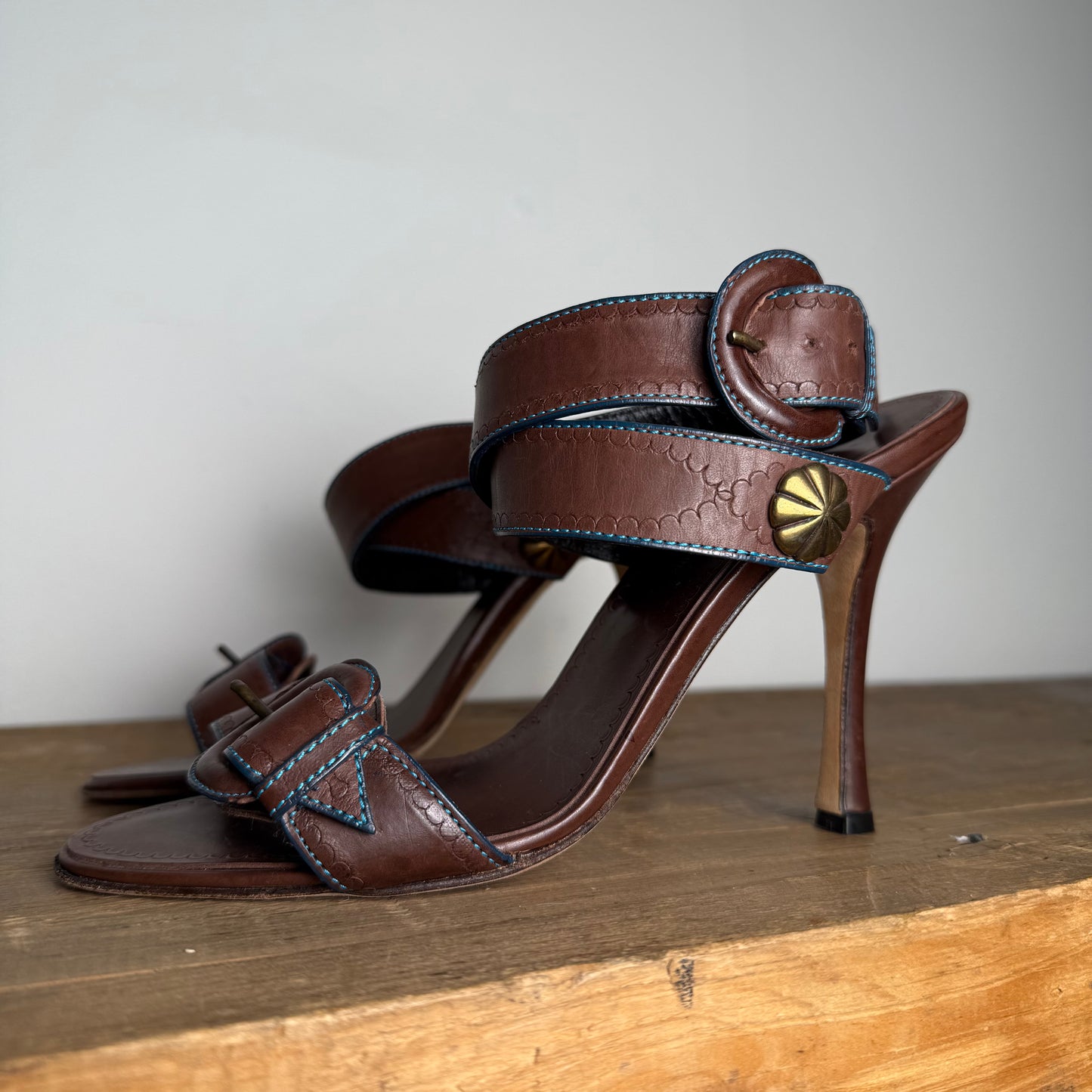 Manolo Blahnik Heels - Brown with Blue Stitching