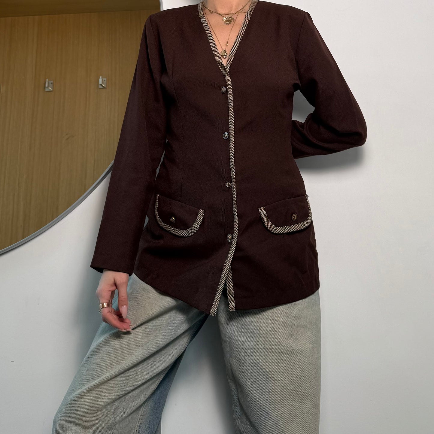 Vintage Brown Check Fitted Blazer