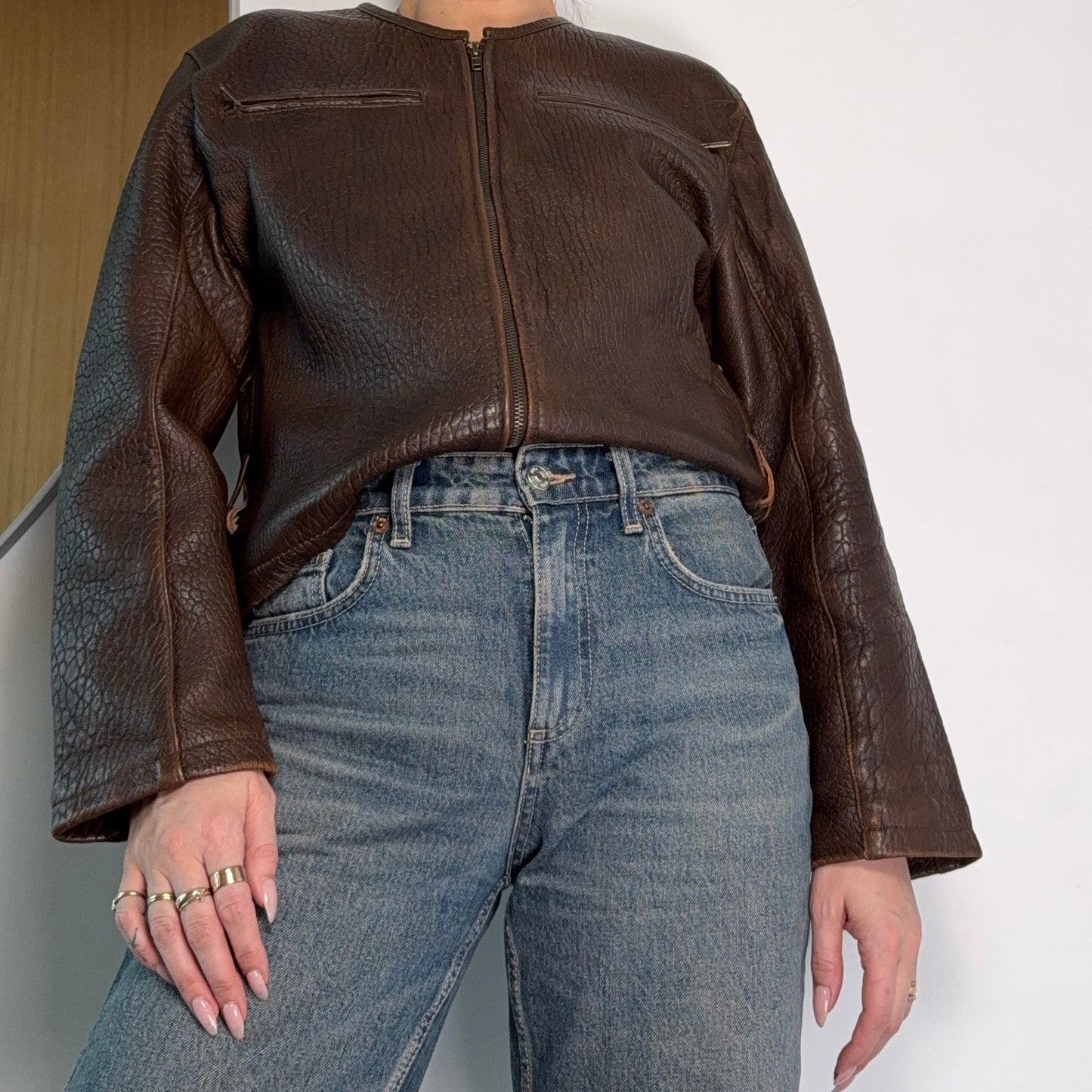 Vintage Brown Pebbled Leather Jacket with side tie