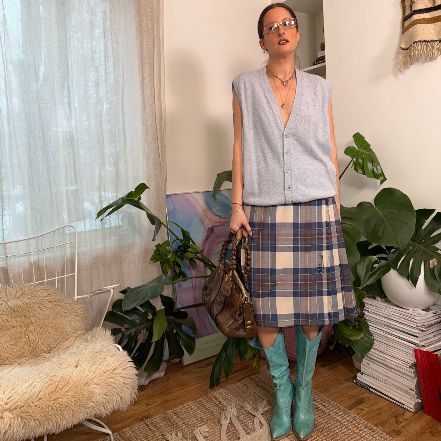 Vintage Blue Plaid Skirt with Oversized Safety Pin