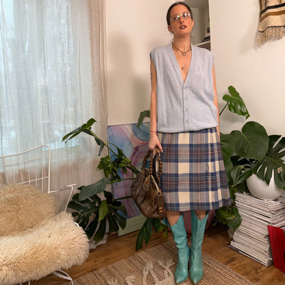 Vintage Blue Plaid Skirt with Oversized Safety Pin
