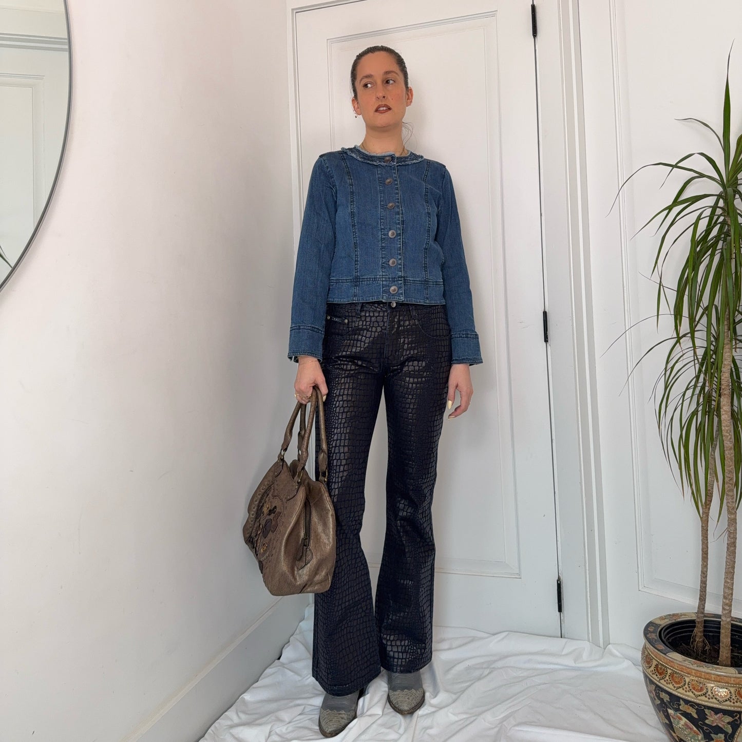 Vintage Croc Effect Flared Jeans