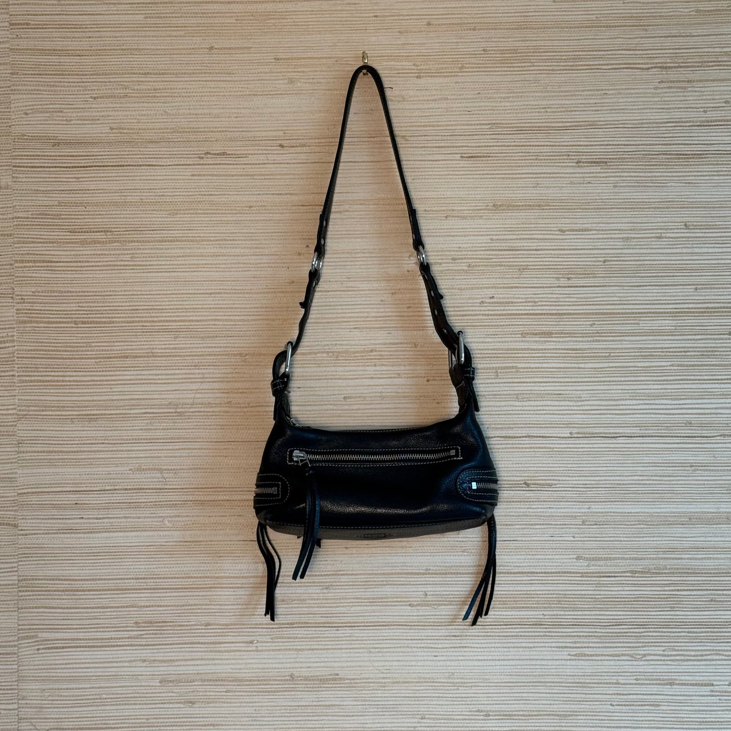 Black Leather Shoulder Bag w/ Buckle Detail