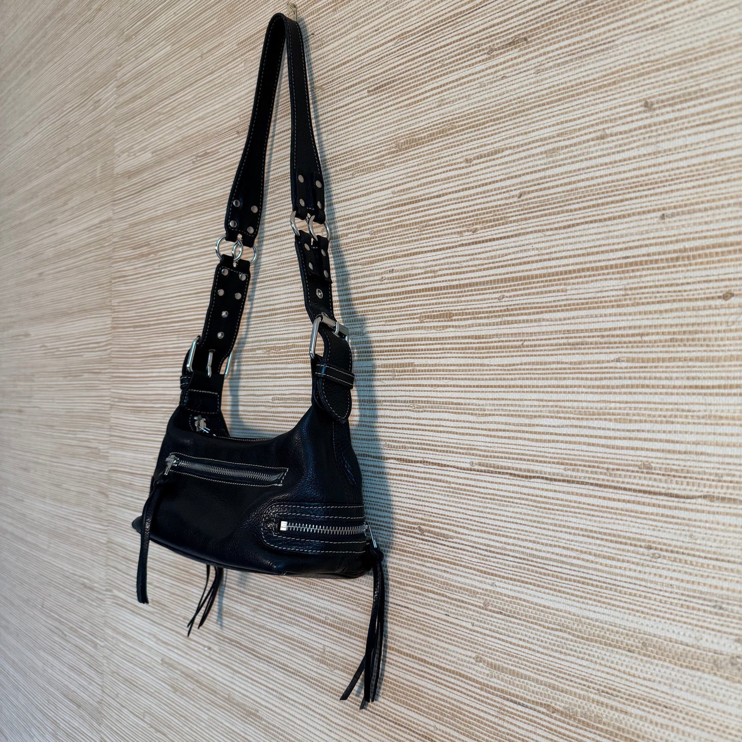 Black Leather Shoulder Bag w/ Buckle Detail