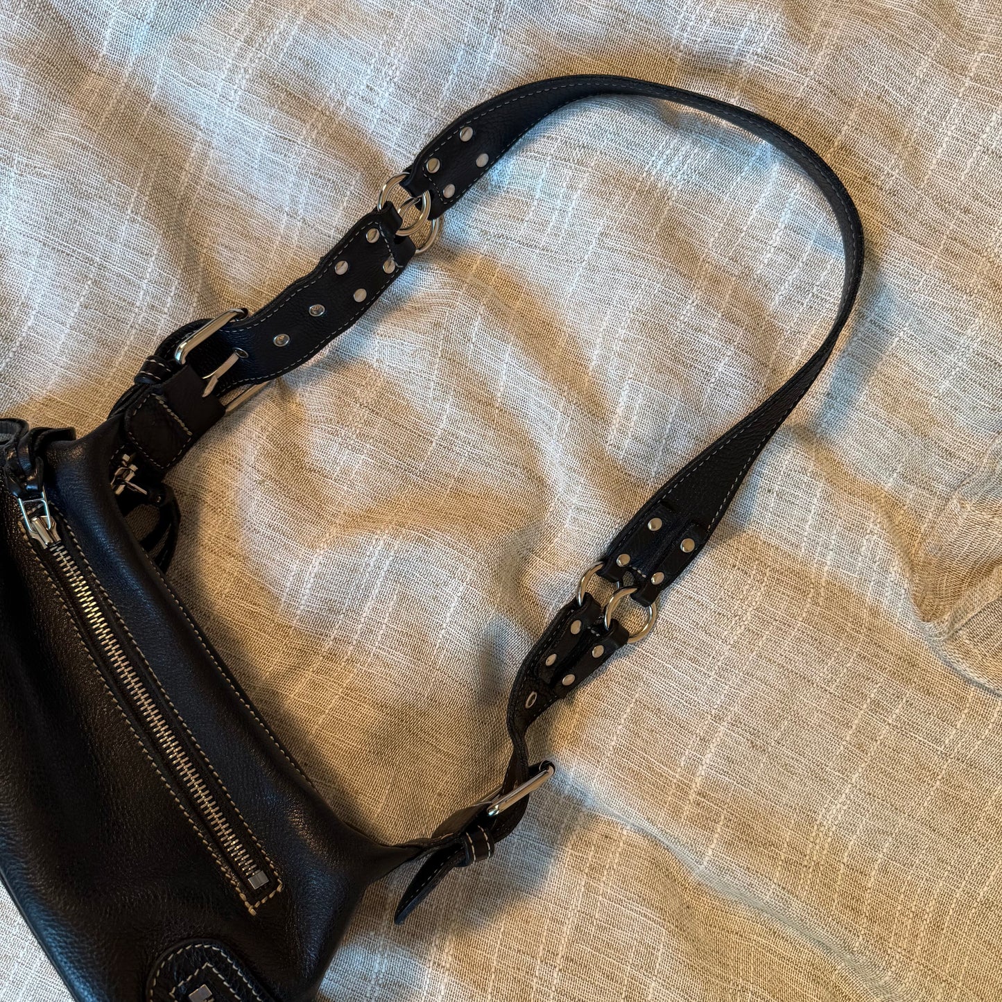 Black Leather Shoulder Bag w/ Buckle Detail